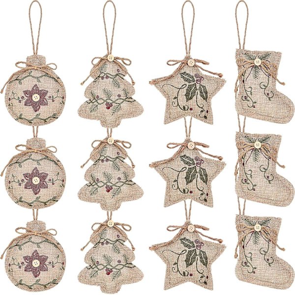 Rustika Julkulor av Burlap för Julgran, Farmhouse Hängande Dekorationer, Julstrumpa, Klotformad Dekor för Julfest