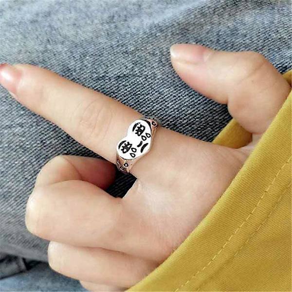 Silver Leende Ansikte Öppen Ring för Kvinnor Män Justerbar Bred Leende Statement Ring Mode Fest Smycken - -