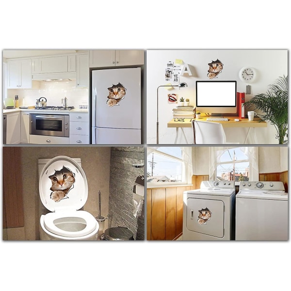 WABJTAM 3D Cat Stickers Pakke med 2 - Katteklistremerker for vegger, kjøleskap, toaletter og mer - Retail Pack Cat Decals 24*22cm