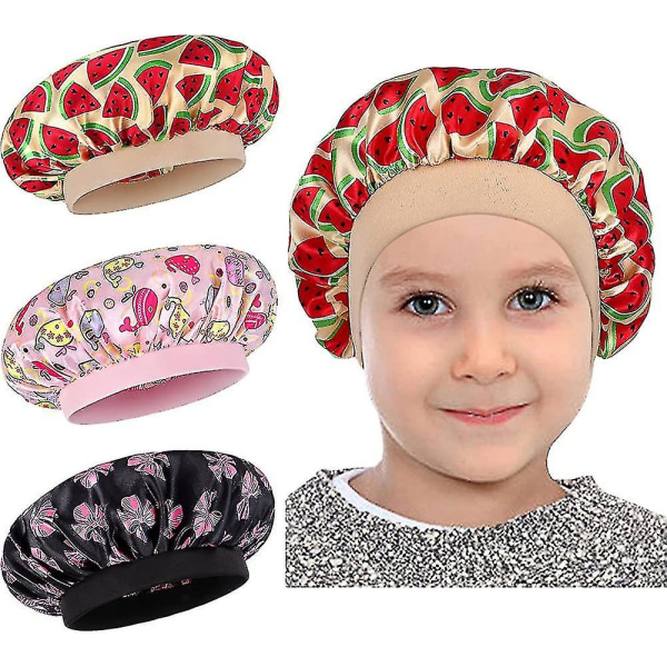 Silke Satin Bonnet-3 pakker Børn Satin Hår Bonnet til krøllet hår Satin Bonnet Bedste gave Bedste gave