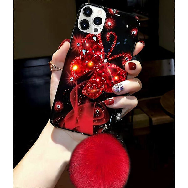 iPhone 14 Girly Case Bling Glitter 3D Diamant Rhinestone Case Söt för Kvinnor Flickor Glimmande Lyxig Kristall Fjäril med Plysch