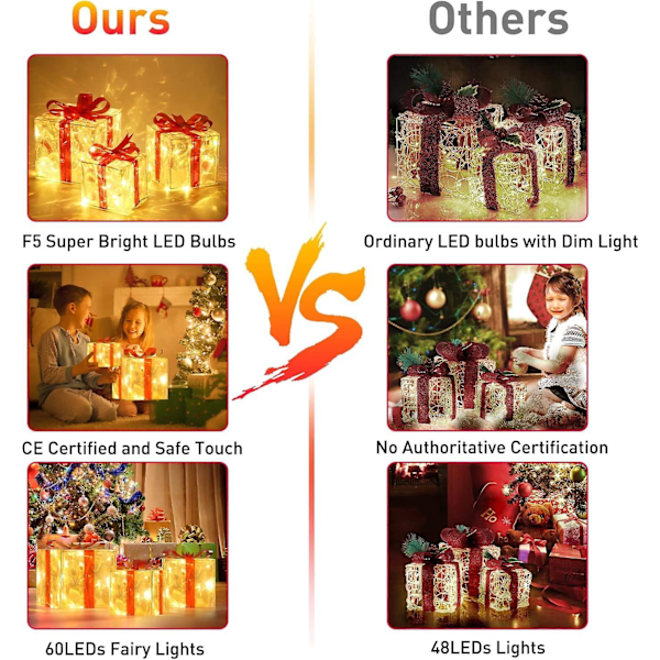Julbelysta Presentaskar, Set om 3 Juldekorationer Super Ljusa 60 LED-lampor, Juldekorationer Utomhus Gräsmatta, Transparent Jul D
