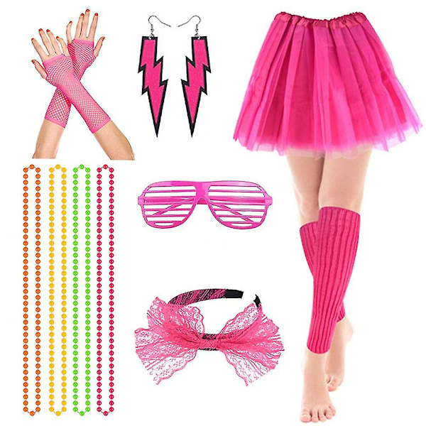 80s 90s Costume Accessories For Women, Fancy Dress Neon Skirt Earrings Fishnet Gloves Necklace Leg Warmer Glasses Set For Retro Party（Rose Red）