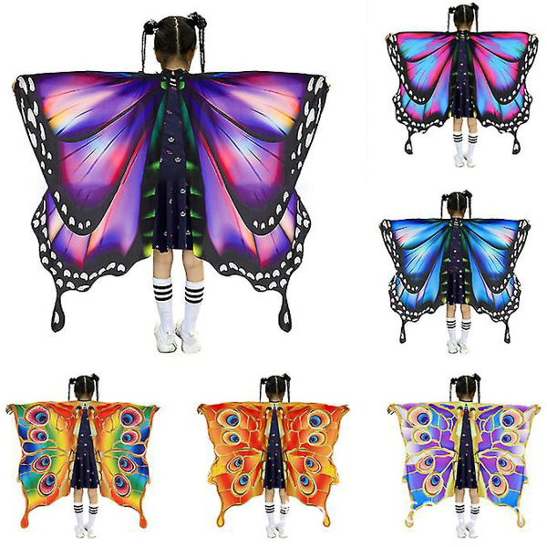 2023 Nyt opgraderet sommerfuglekostume til piger, sommerfuglevinger Cape Halloween kostume Foregive festkjolesæt med pandebånd og maske（HD-011，K）