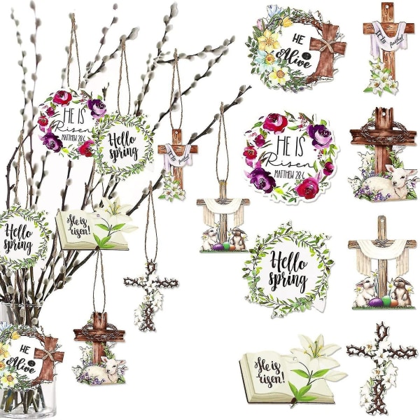 100% nye 24 stykker glad påske træ hængende skilte påske kors hængende ornamenter