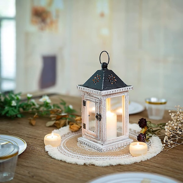 Träljuslykta - 28cm Dekorativ Vit Lykta, Vintage Ljusstake Shabby Chic Dekoration