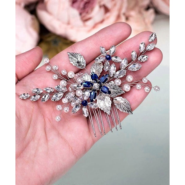 Brudgum Sapphirs Kristall Hårkam Pearl Blå Kristall Blad Marquise Hårprydnad Bal Fest Festival Bröllopshår för Kvinnor och Flickor (Silver)