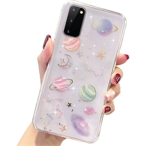 Flicka-fodral för Samsung Galaxy A21S Glitterfodral Sött Snyggt Transparent Glittrande Bling-fodral för Flickor Kvinnor Planetstjärndesign Mjuk TPU Stötsäker