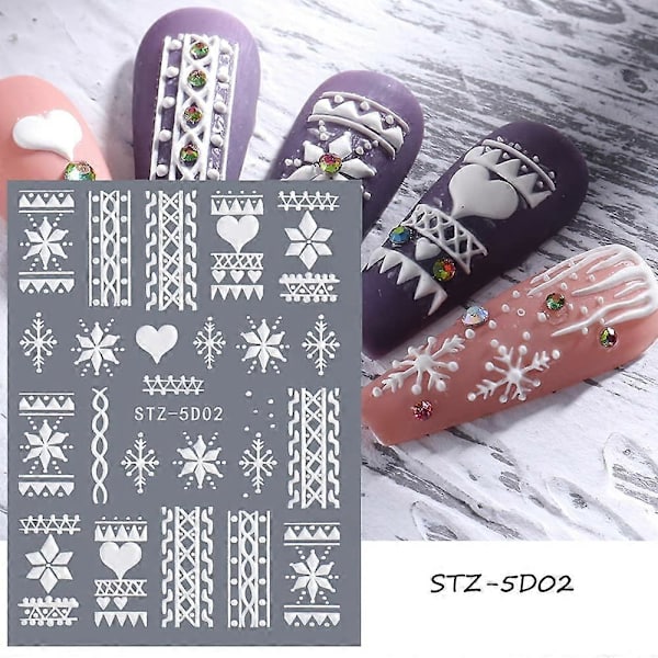 Snöflinga Nagelkonst Dekaler 5D Präglad Jul Fransk Vit Snöflinga Nagel Självhäftande Nagelkonst Dekoration Tillbehör Snöflingor Spets Lat