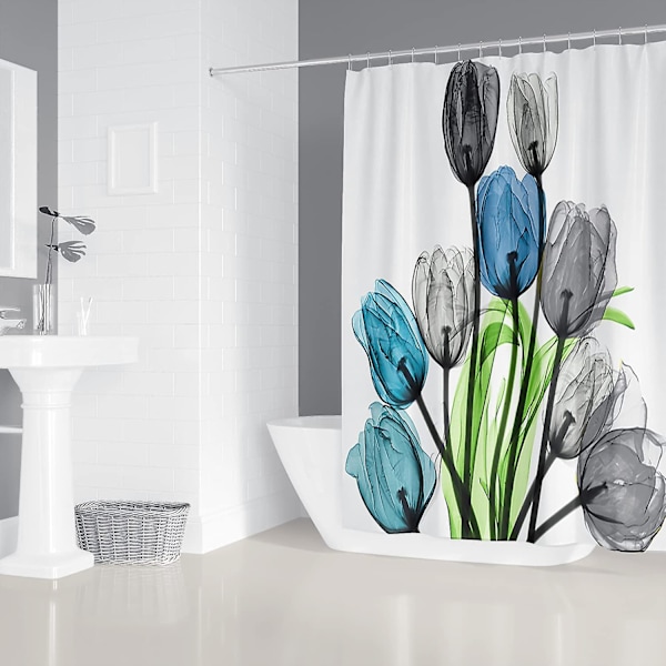 4-delad duschdraperi-set med tulpanblommor, halkfria mattor, toalettlockskydd och badmatta
