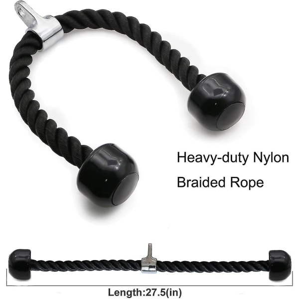 Tricep Rope Fitness Attachment Kabelmaskin Pulldown Heavy Duty belagd nylon med massiva gummiändar, svart