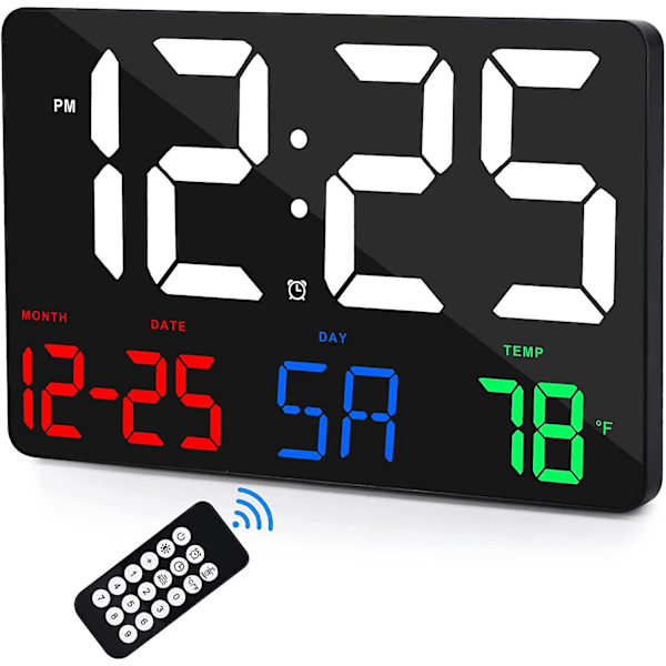 Digital väggklocka, 30 cm stor LED-skärm, digital väckarklocka med fjärrkontroll, justerbar ljusstyrka, kalender, temperatur, snooze, 12/24h