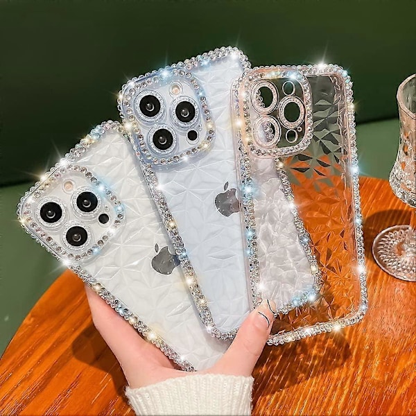 iPhone 14 Pro Skal, Kristallklart Bling Diamant Rhinestone Skal för Flickor Kvinnor, Glansigt Glittrande Mjuk Silikon Lins Fullt Skydd (Klar)