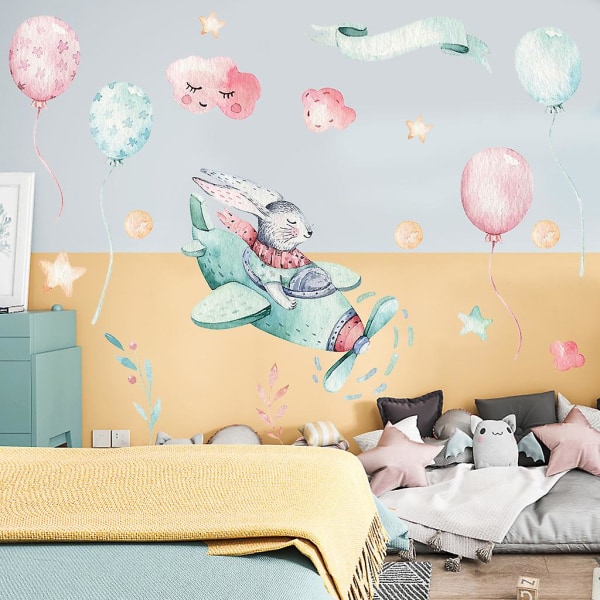 Farverige søde kanin ballon fly Wall Sticker Børneværelse Baby Børnehave Indretning Dekal, 1 sæt-30X70CM