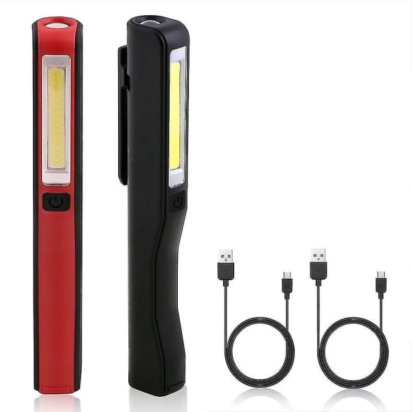 Uppladdningsbar USB -arbetslampa, 2 st inspektionslampa LED-ficklampa, magnetisk Clip Pocket Cob Ficklampa för hem, verkstad, camping, nödsituation (svart och röd)