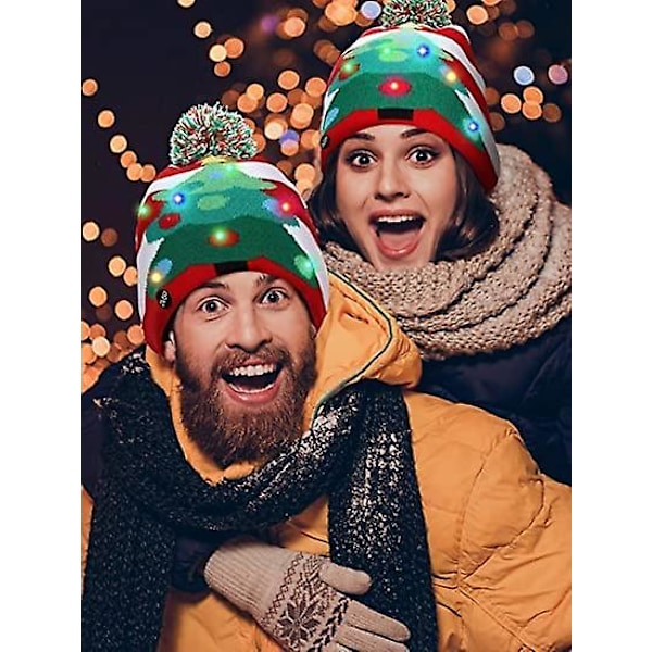 2-pack Jultomtehatt med LED-ljus, Julmössa Stickad, 6 Färgglada LED Unisex Nyhet LED Julhatt Fultröja Semestermössa för Barn