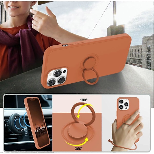 iPhone 13 Pro Max Skal, Silikon med 360-Graders Ringstativ (Stödjer Magnetisk Bilhållare) Mjuk Mikrofiberduk Fullt Skydd 6,7 tum (Orange)