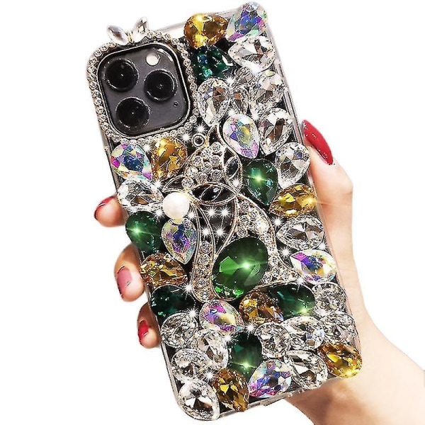 Etui kompatibelt med Iphone 13 Pro Max, 3d håndlavet luksus skinnende krystal Glitter Rhinestone Gems Clear Hard Pc Casegreen