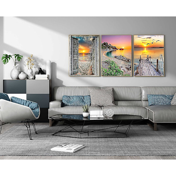 4-pack Diamantmålningskit för Vuxna Nybörjare, rund Full Borrning Havsutsikt Solnedgång Landskap Ädelstenskonstkit, Hemväggdekor 25 x 35 cm