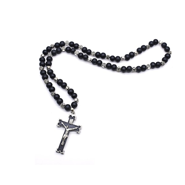 Lang perlekæde rosenkranshalskæde med Jesus-krucifiks-korsvedhæng Hvid keramiske perler Halskæde Religiøse smykker sort