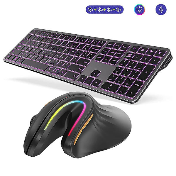 Trådlöst tangentbord och mus-kombination, bakgrundsbelyst Bluetooth-tangentbord och mus-set, multienhetsladdningsbart Bluetooth-tangentbord och mus