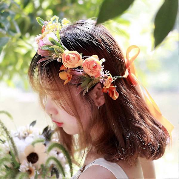 Blomsterdiadem Kvinnor Blomsterkrans Hårkrans Blomsterhuvudbonad Halo med Band Bröllop Fest Foton Orange av