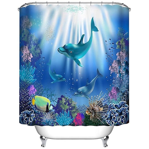 Underwater World med Delfiner och Växter, Duschdraperi med Krokar, 180cm x 180cm