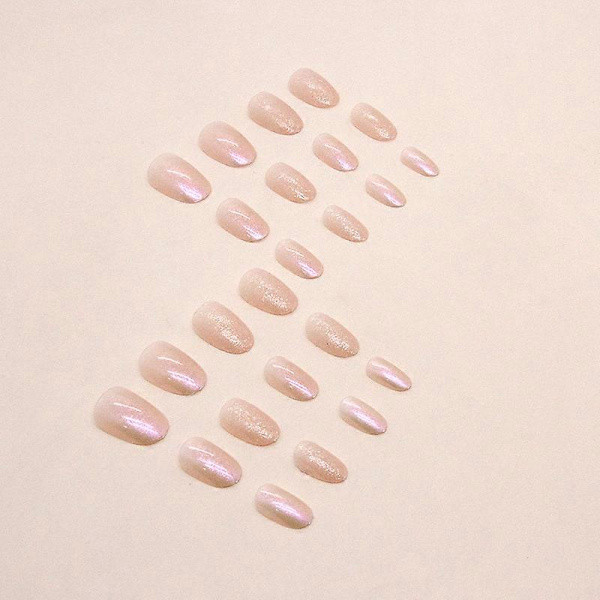 Runda Press-on Naglar Medium Längd Falska Naglar med Design Aurora Glitter Falska Naglar Glansiga Ovala Artificiella Naglar