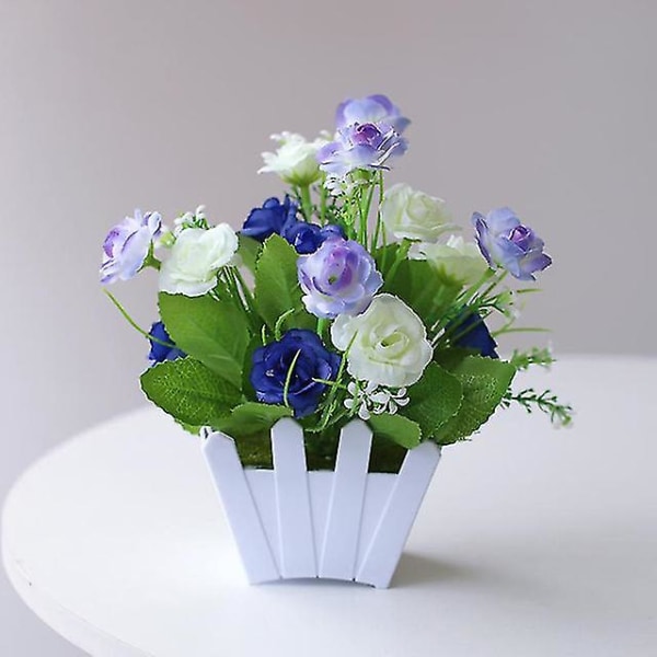 Kunstig potteplastik falske blomster skrivebordspynt til hjemmet （blå）