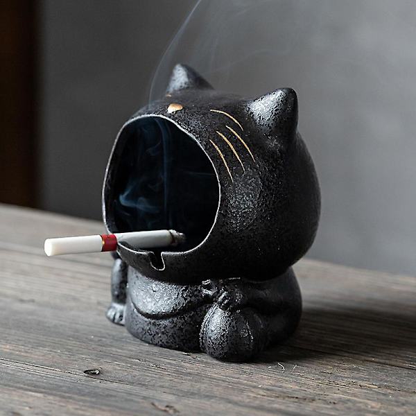 Keramisk Askopp Dekoration Förvaringslåda Kattform 13*11CM Svart