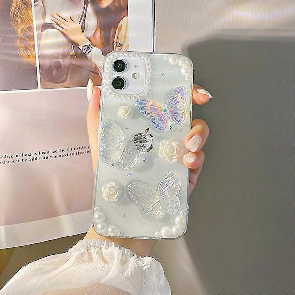 iPhone 13 Pro Skal Söt Fjäril Blomma Pärla 4D Glimmande Glitter Spark Lyxig Flickig Estetisk Personlig Transparent Epoxy TPU Skal