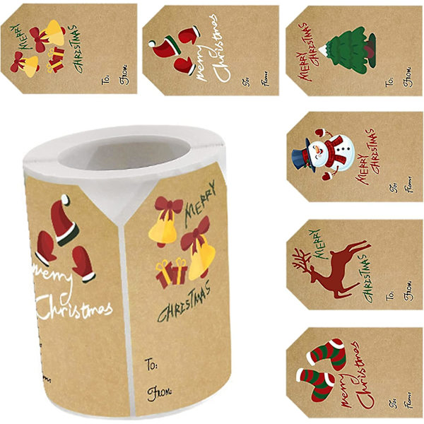 250 stk julegaveetiketter klistremerker, 2'' x 3'' selvklebende brune kraft juleetiketter gaver etiketter for esker poser konvolutter pakkedekorasjon