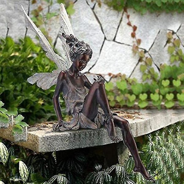 Th Utomhus Trädgård Fairy Staty Figurine Resin Sittande Pixie Elf Ornament Hem Hylla Dekor (1 st, Svart)
