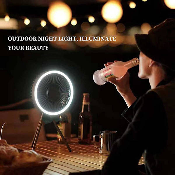 Campingvifte med LED-lys, 10000 mAh bærbar teltvifte med stativ, 360 graders svingbar kjølevifte, for camping, reiser, hvit（hvit）