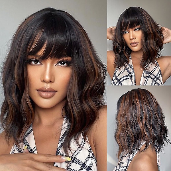 Alan Eaton Medium Water Wave Synthetic Wigs With Bangs Natural Dark Brown Bob Daily Hair Wigs For Women Heat Resistant Fiber（lc056-1）