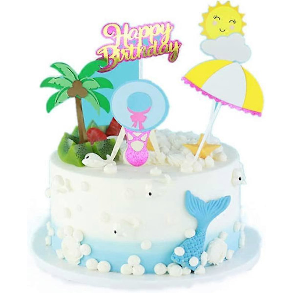 Hawaii Sommar Cupcake Toppers, Grattis På Födelsedagen Tårta Toppers Palm Tree Beauty Beach Tårta Dekoration, för Tropisk Hawaiian Luau Temat Party Dekorationer