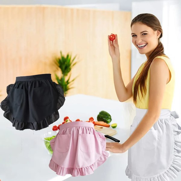 Midjeförkläde - Köksmatlagningshalvförkläde med fickor - Vit