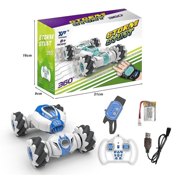 Ur Gesture Sensor Fjernbetjening Stunt Car, 2,4ghz 4wd 360 graders vendinger Dobbeltsidet roterende legetøj Bil til børn Gift_aw（Blå）