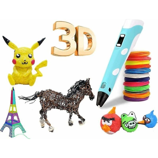 3D-penn, 3D-utskriftspenn med PLA-kompatibel og LCD-skjerm, justerbar temperatur, 3D-blyant for barn blå (HY)