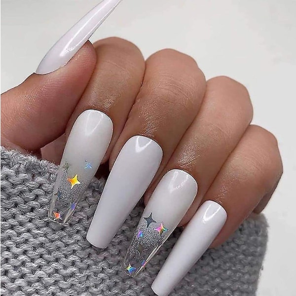 24st Lång kista falska naglar Gradient Vita lösnaglar Star Full Cover konstgjord press på naglar kompatibel med kvinnor och flickor