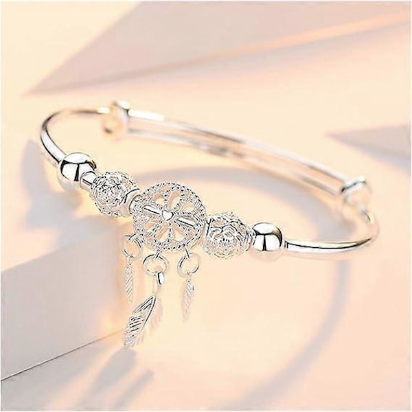 Damarmband Justerbart 925 Sterling Silver Drömfångare Tofs Fjäder Rund Pärla Charm Armband Bangel För Kvinnor Elegant Smycke Välgjort