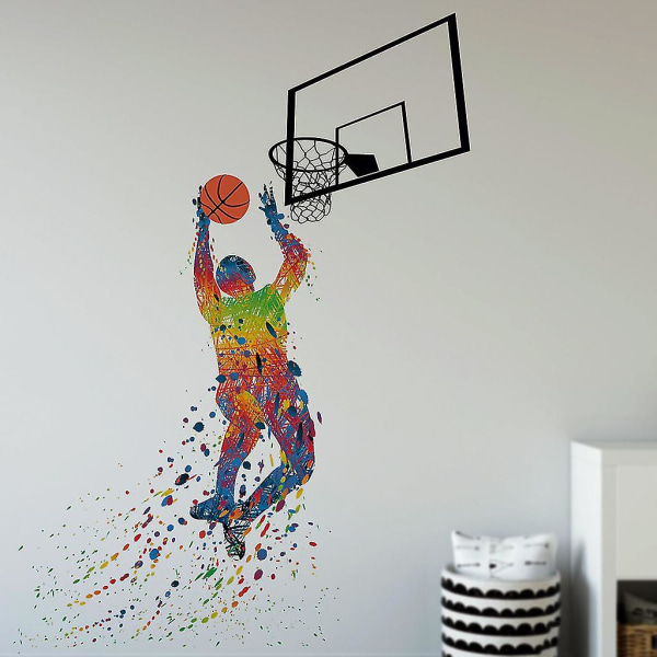 Vinylbasketspelare Slam Dunk Silhouette med Basket och Basketry Väggdekaler Klistermärken Väggmålningar för Basket Barn Tonåringar Pojkar Rum