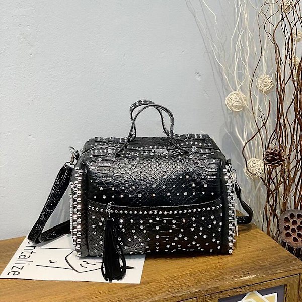 Håndtasker Dametaske Luksus Designer Punge og Håndtasker Skuldertasker Vintage Nitte Tote Taske til Kvinder Stor Kapacitet Rejsetaske Pung（Sort）