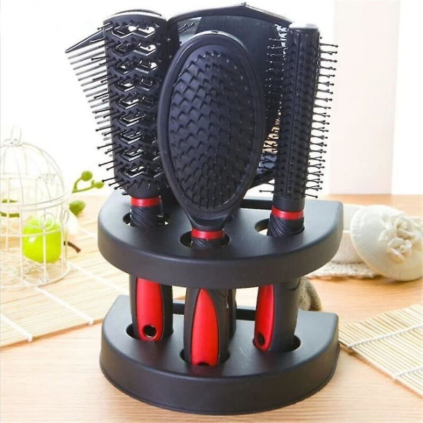 5 stk hårbørstekamsett for damer hårpleie massasjebørste med speil og holder Hårstylingverktøy (rød)