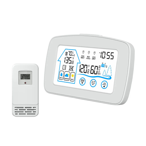 Hygrometer och termometer för inomhus- och utomhusbruk med tidsbakgrundsbelyst LCD-display, elektronisk temperatur- och fuktighetsmätare för skrivbord, växthus, källare