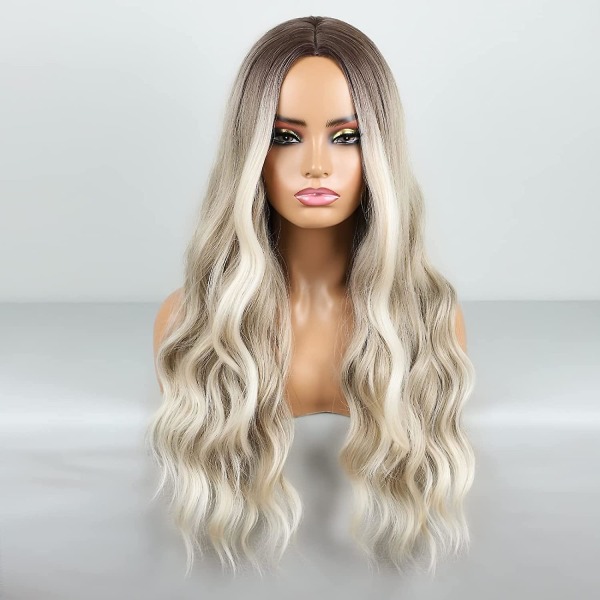 Ombre blond peruk lång vågig peruk för kvinnor mittdel vågiga peruker syntetisk värmebeständig festperuker (ombre askblond)