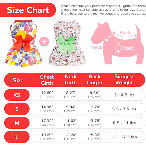 2-pack Klänning för små hundar, mjuk bomull, sommar, flicka, rolig blommig avokado, valp, prinsessklänning, söt rosett, hundklänningar (röd/rosa, XS)