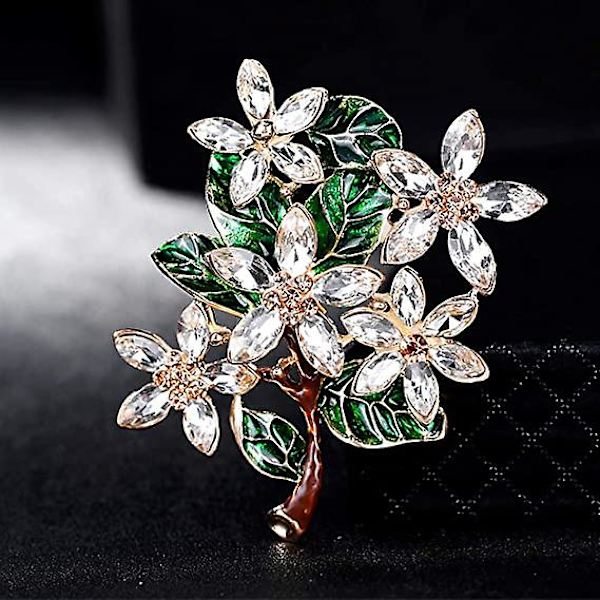Dam Blommig Grön Blad Strass Brosch Pin