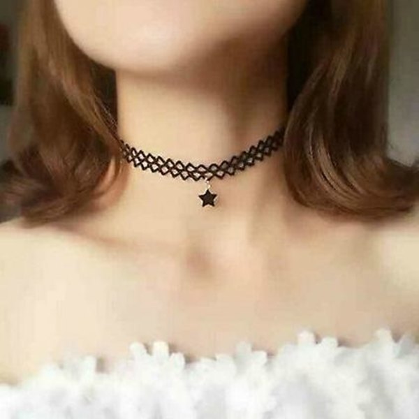 Wabjtam Elastinen Choker-kaulakoru, tähtikaulakoru, musta tatuointikaulakoru, naisille ja tytöille, muovinen minimalistinen kaulakoru