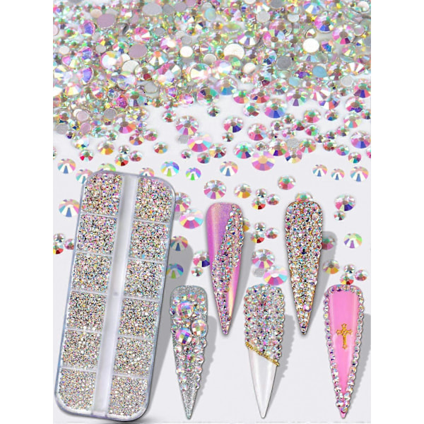 3600 st Nail Art Rhinestones AB Nagelkristaller Runda Platta Bakstenar 6 Storlekar med Ask för Nageldesign Hantverk Skor (Crystal AB)